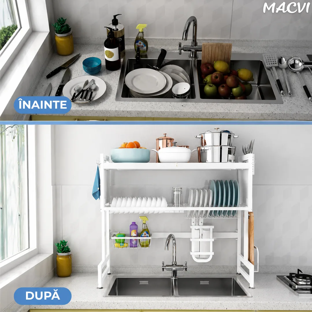 Scurgator Vase deasupra Chiuvetei Macvi® 65CM Negru, Raft Multifunctional cu 3 Niveluri, Suport Tacamuri si Cutite, Organizator Bucatarie din Inox cu Usi Rabatabile AntiPraf
