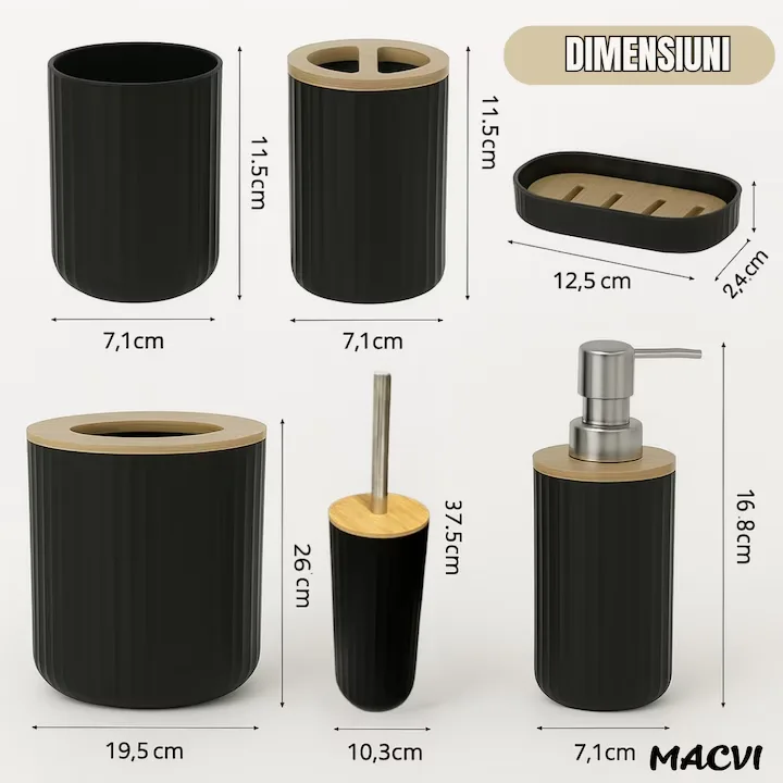 Set Baie Macvi® 6 Piese Negru Mat cu Accente de Lemn, Cos Gunoi, Perie WC, Dozator Sapun, Suport Periute, Pahar si Sapuniera - imagine 3
