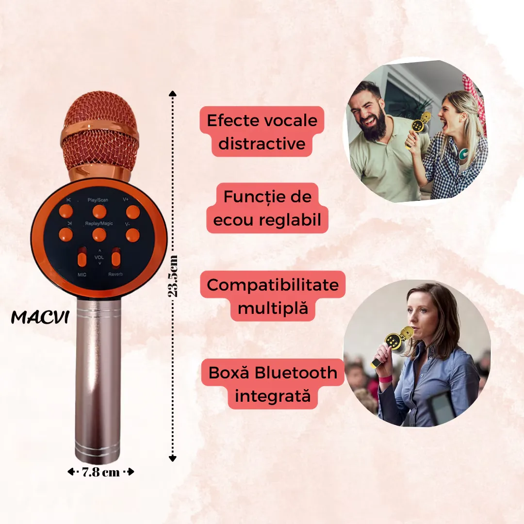 Microfon Karaoke Wireless Macvi® cu Boxa si Bluetooth V11, Portabil, Difuzor Profesional, Baterie Integrata, Roz Gold - imagine 3