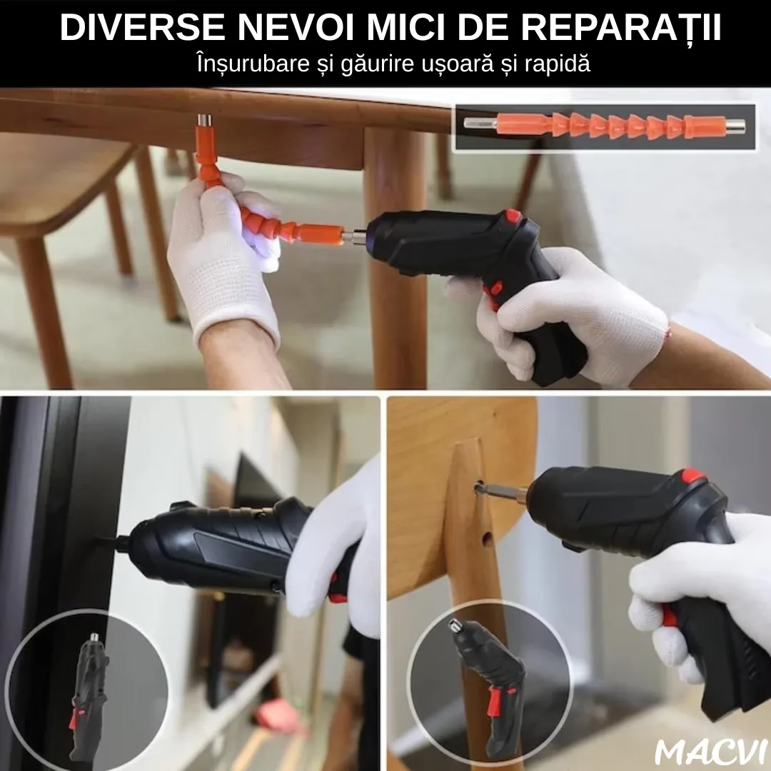 Surubelnita Electrica Portabila Macvi®, 47 Piese Acumulator Reincarcabil Maner Rotativ 90-180° Set Biti si Capete Tubulare Trusa Transport Negru - imagine 4