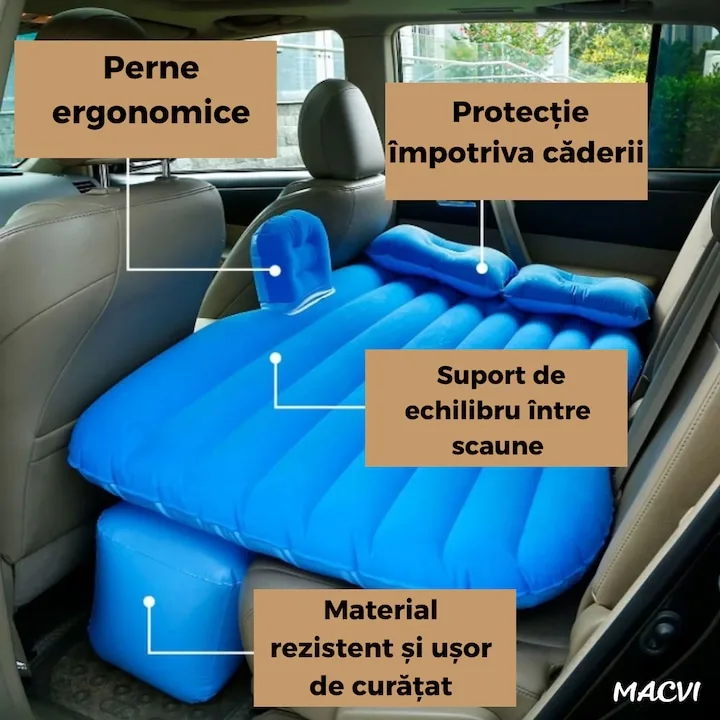 Saltea Gonflabila Auto Macvi® cu Perne si Suport de Echilibru, Ideala pentru Bancheta din Spate, Camping, Calatorii si Relaxare, Albastru - imagine 3