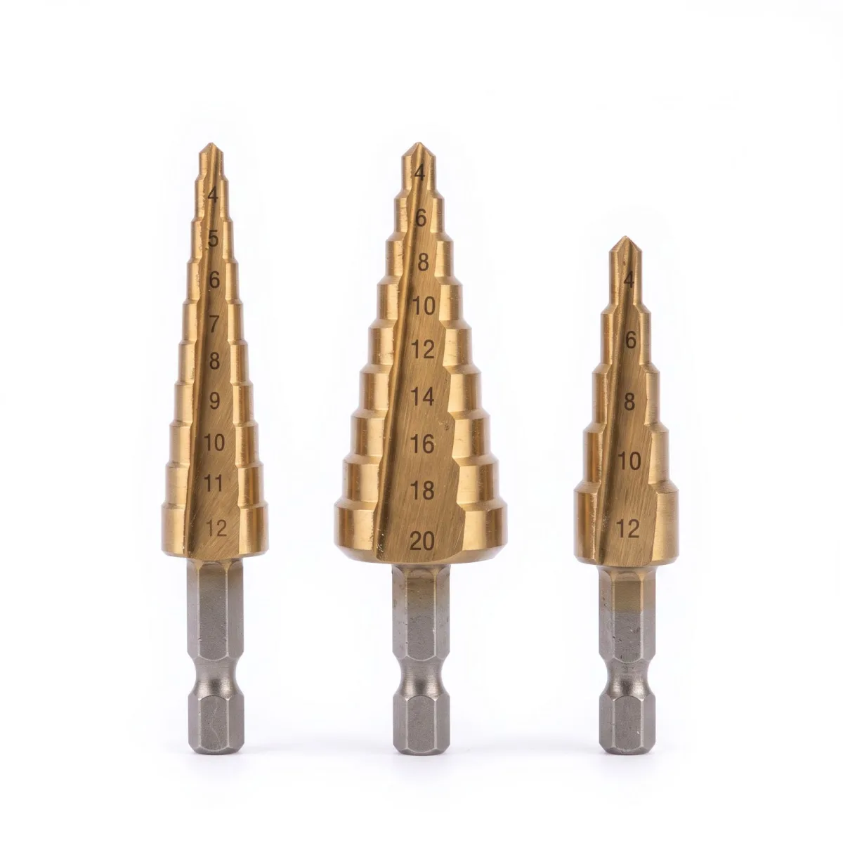Set 3 burghie in trepte pentru metal, HSS, 4-20 mm, prindere hexagonala 6,35 mm