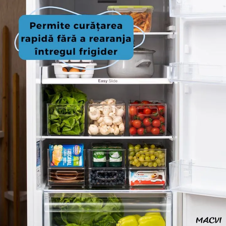 Set 12 organizatoare Macvi® pentru frigider, ABS durabil, fara BPA, stocabile, cu manere integrate, 26×15 cm, transparente - imagine 3