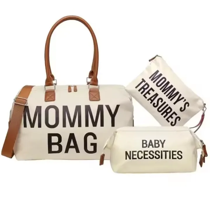 Geanta Mommy Bag Macvi® cu 2 gentute incluse, multiple compartimente si spatii pentru depozitare, ideala pentru maternitate si calatorii, alb