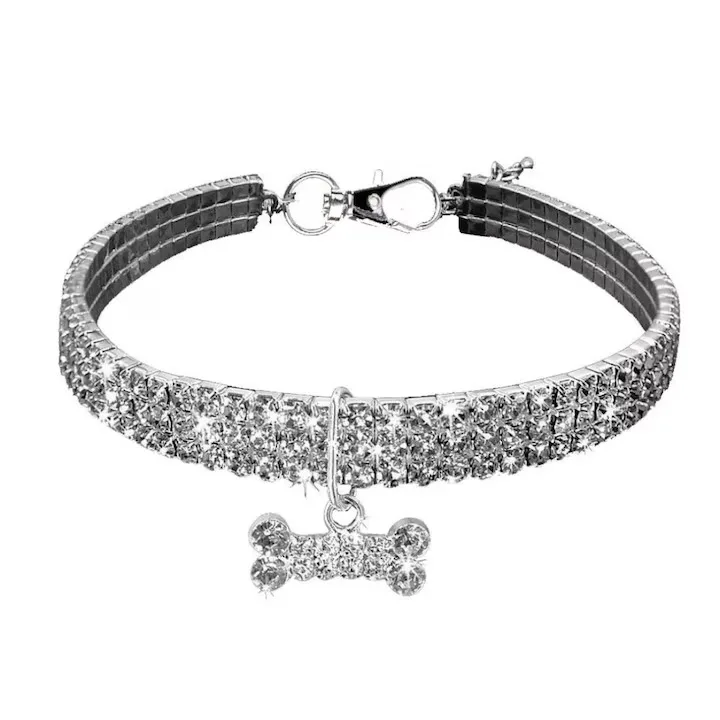 Zgarda pentru caini de talie mica Macvi® cu cristale stralucitoare, design elegant, ajustabila, argintiu