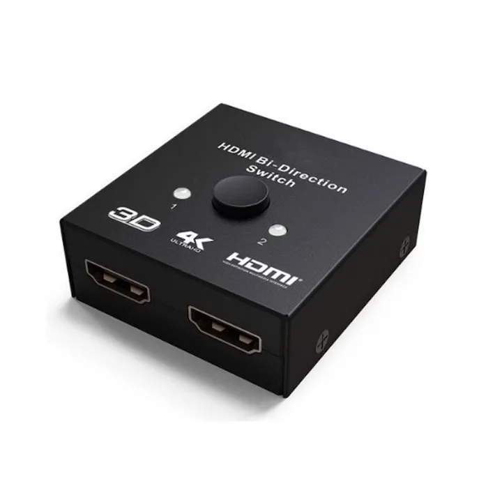 Comutator HDMI 2 Porturi Bidirectional 4K, manual, metalic, negru, 48x52x19mm