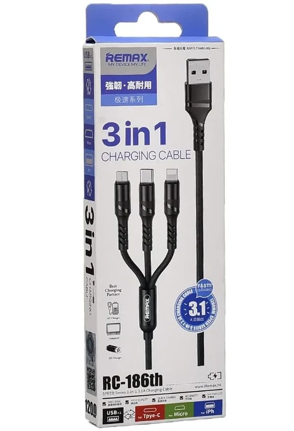 Cablu de date cu incarcare 3 in 1 REMAX RC-186TH, USB - Lightning/ Tip C/ Micro USB 3, 1 A, 1.2 m, negru - imagine 3