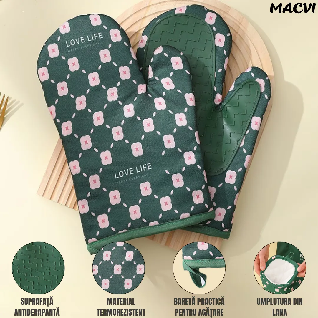 Set 2 manusi pentru cuptor sau gratar Macvi®, rezistenta pana la 350°C, umplutura din lana, material textil si cauciuc, model verde - imagine 3