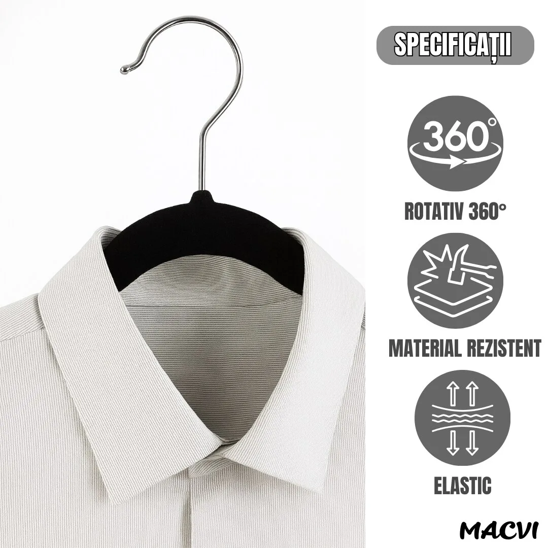Set 16 Umerase Macvi® Catifea Antialunecare, Slim, cu Bara pentru Pantaloni si Scobituri, Carlig 360°, 44.5x23 cm, Gri/Negru - imagine 5