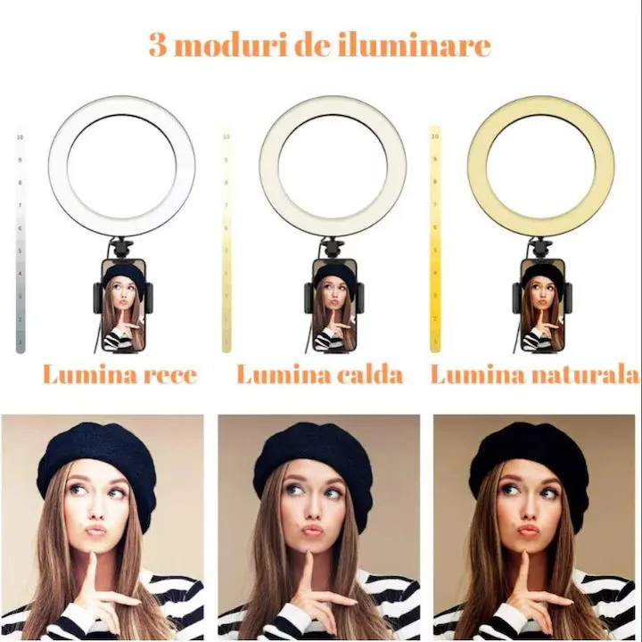 Lampa Circulara Profesionala Ring Light LED Macvi®, Diametru 30 cm (12 inch), Conectare USB, 3 Moduri de Lumina - imagine 3