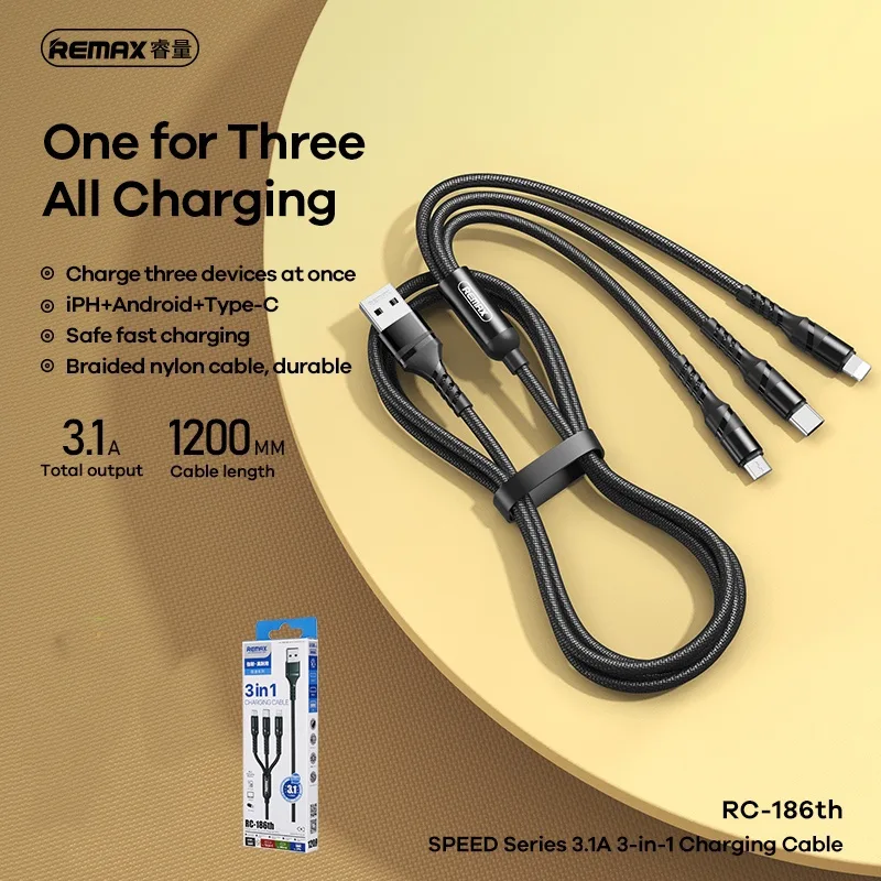 Cablu de date cu incarcare 3 in 1 REMAX RC-186TH, USB - Lightning/ Tip C/ Micro USB 3, 1 A, 1.2 m, negru - imagine 4