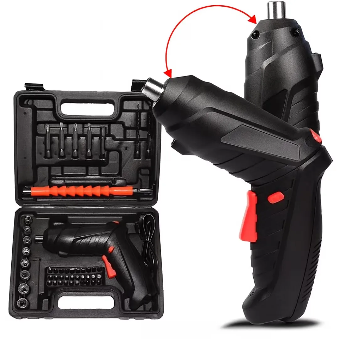 Surubelnita Electrica Portabila Macvi®, 47 Piese Acumulator Reincarcabil Maner Rotativ 90-180° Set Biti si Capete Tubulare Trusa Transport Negru
