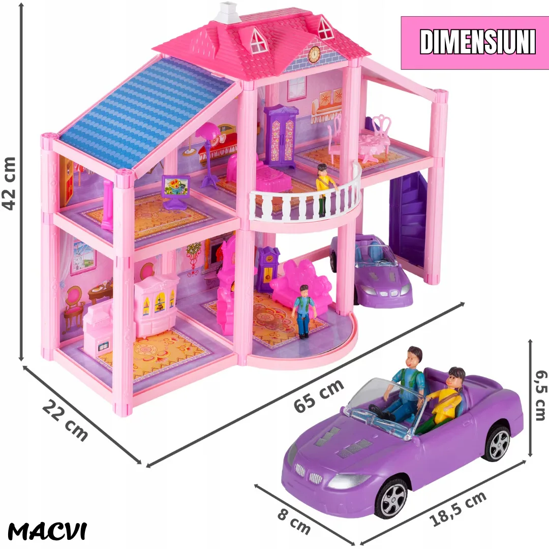 Casuta pentru papusi Macvi® Lovely House, 2 etaje, 5 camere, garaj cu masina, 2 figurine incluse, set 112 piese - imagine 2