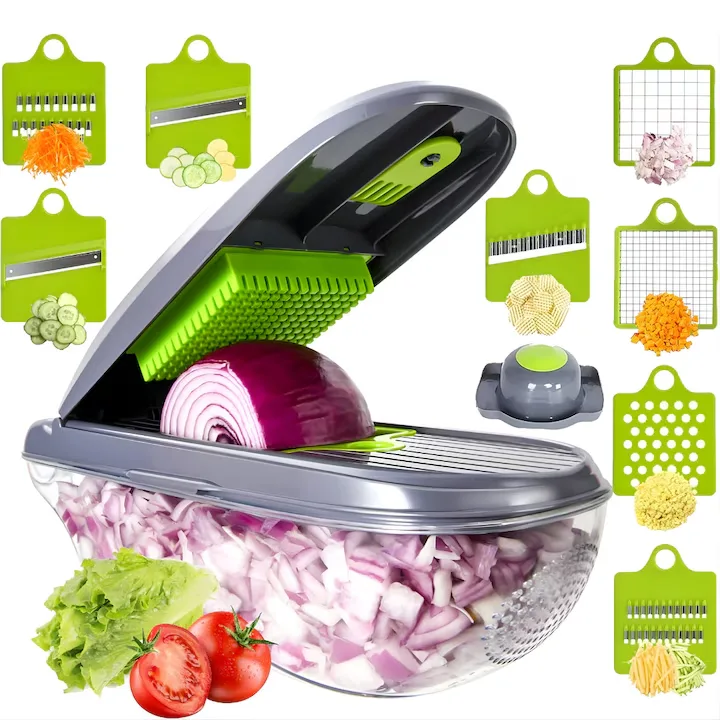 Tocator multifunctional legume MACVI 12 in 1, 8 lame interschimbabile din otel inoxidabil, recipient 1, 5 L, pentru feliere, taiere cuburi