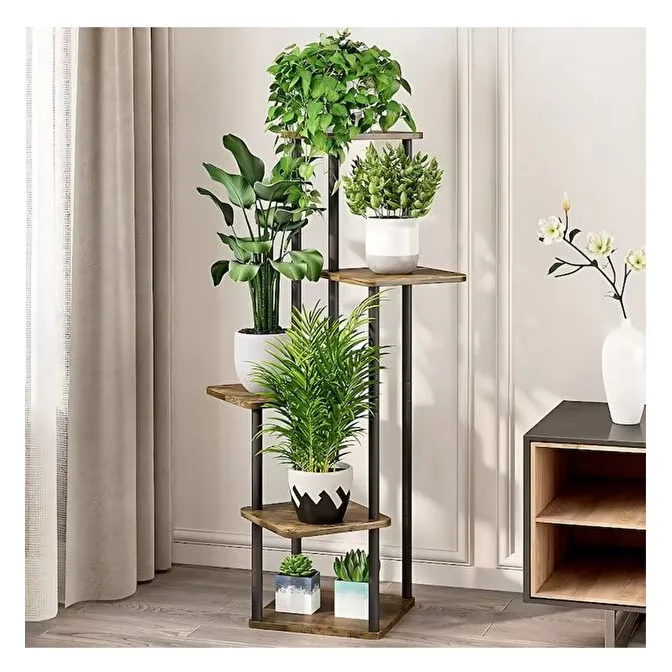 Stand Flori Macvi® Vertical 4 Etajere Metal si Lemn 106.3 cm Suport Ghivece Balcon Terasa - imagine 5