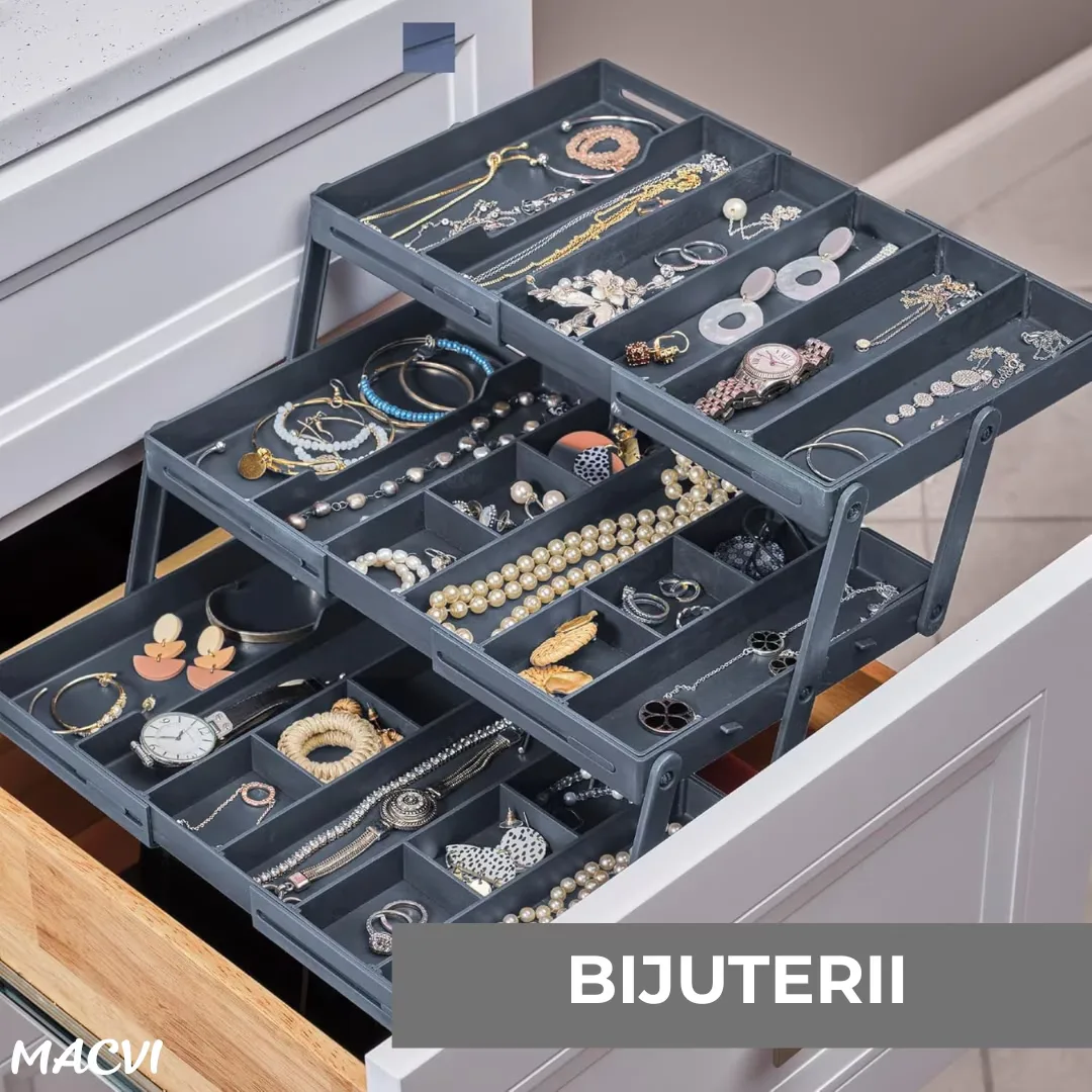 Macvi® Organizator Sertar Extensibil pe 3 nivele pentru Bijuterii si Cosmetice, 24, 13 x 19, 05 x 6, 99 cm, Negru, Sistem Reglabil cu Compartimente - imagine 5