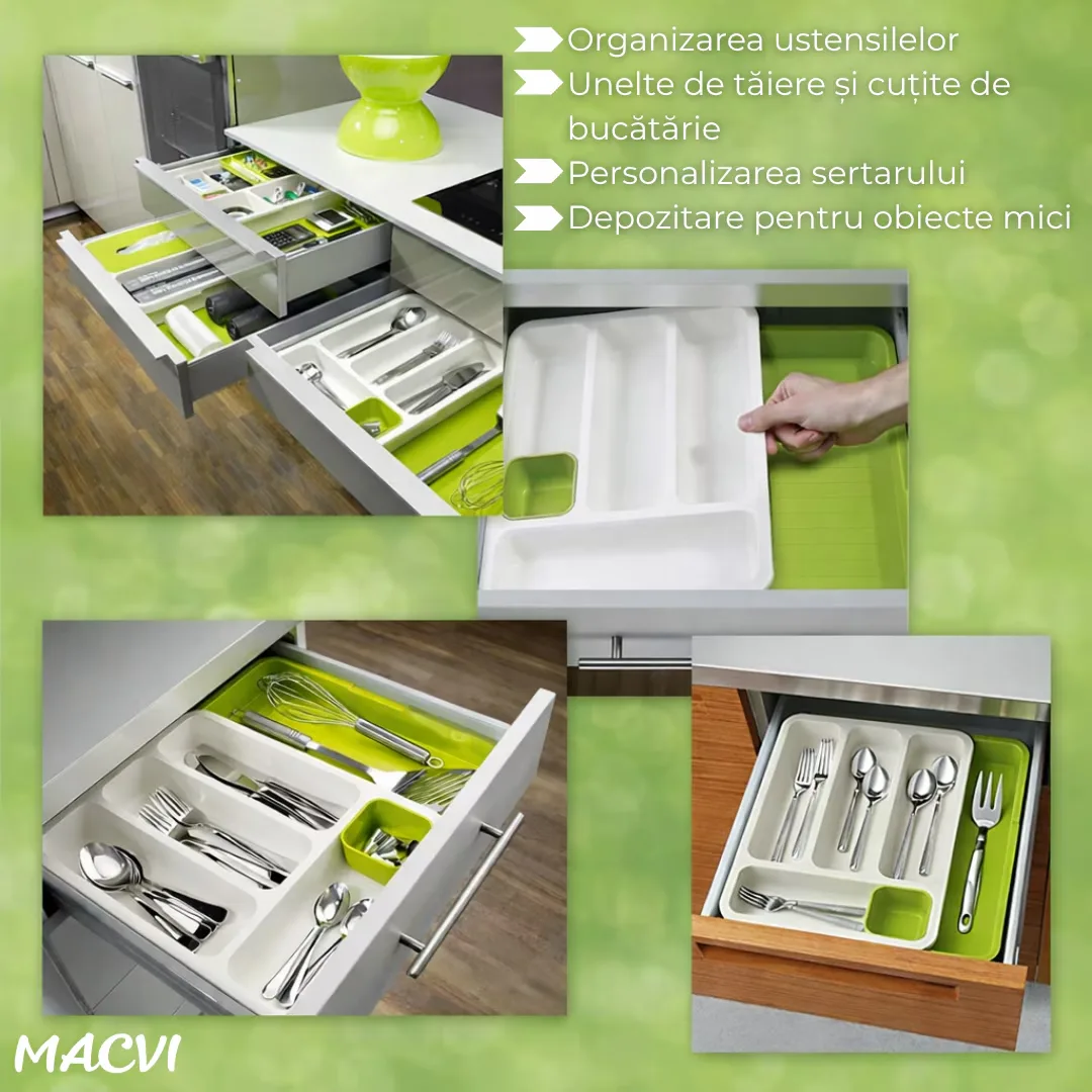 Suport modular extensibil Macvi® pentru tacamuri, 29-48 cm, ABS, alb-verde, organizator sertare - imagine 5