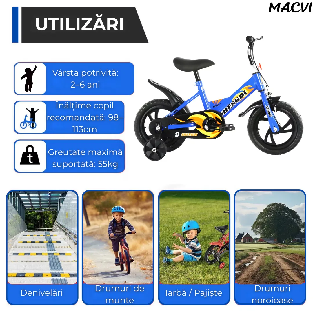 Bicicleta copii Macvi® 12 inch cu roti ajutatoare frana V-Brake, sezut reglabil, cadru din metal, albastru, 2-6 ani - imagine 2