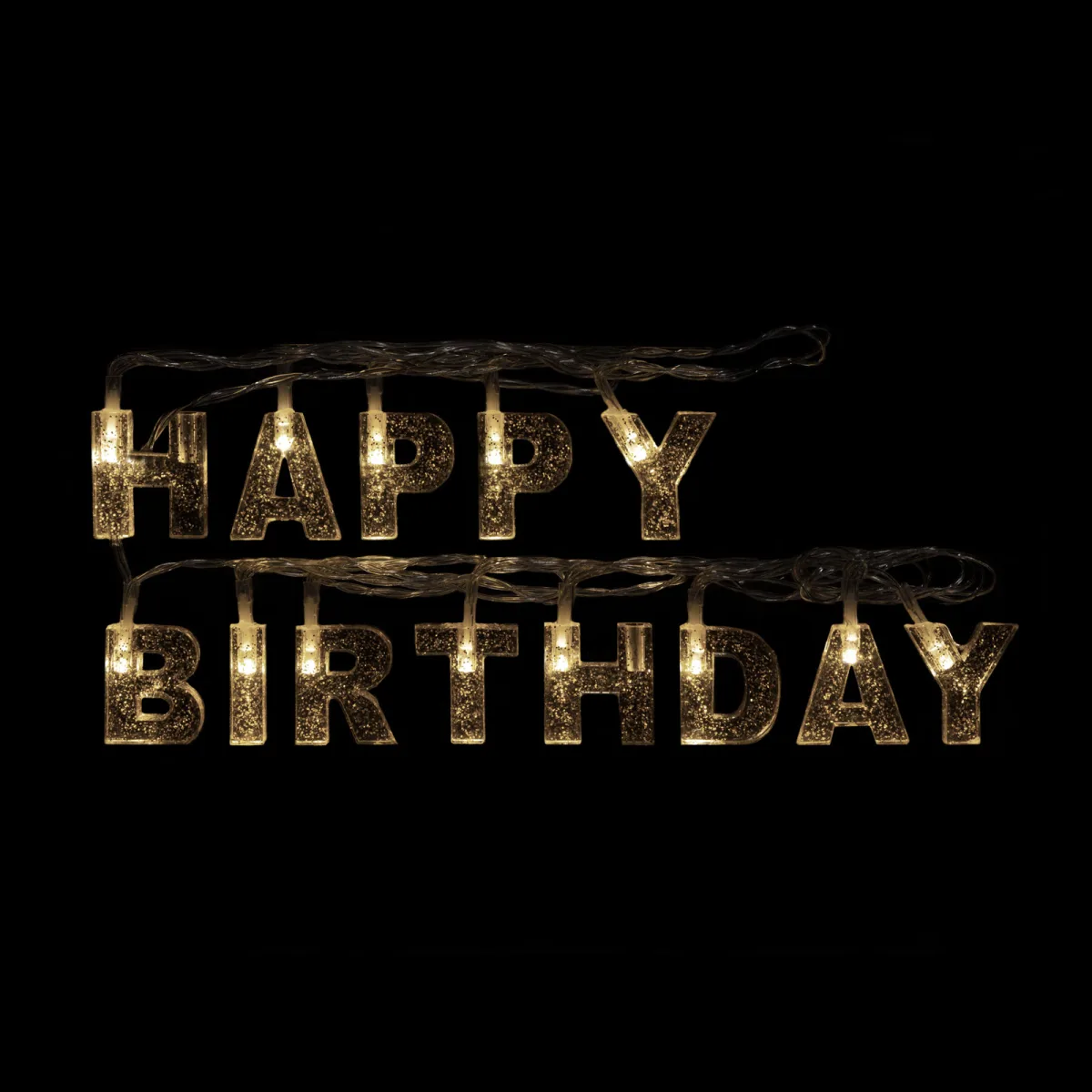 LED aniversar Happy Birthday, 13 LED, alb cald, 2 x AA, 2 m, glitter argintiu, decor petrecere