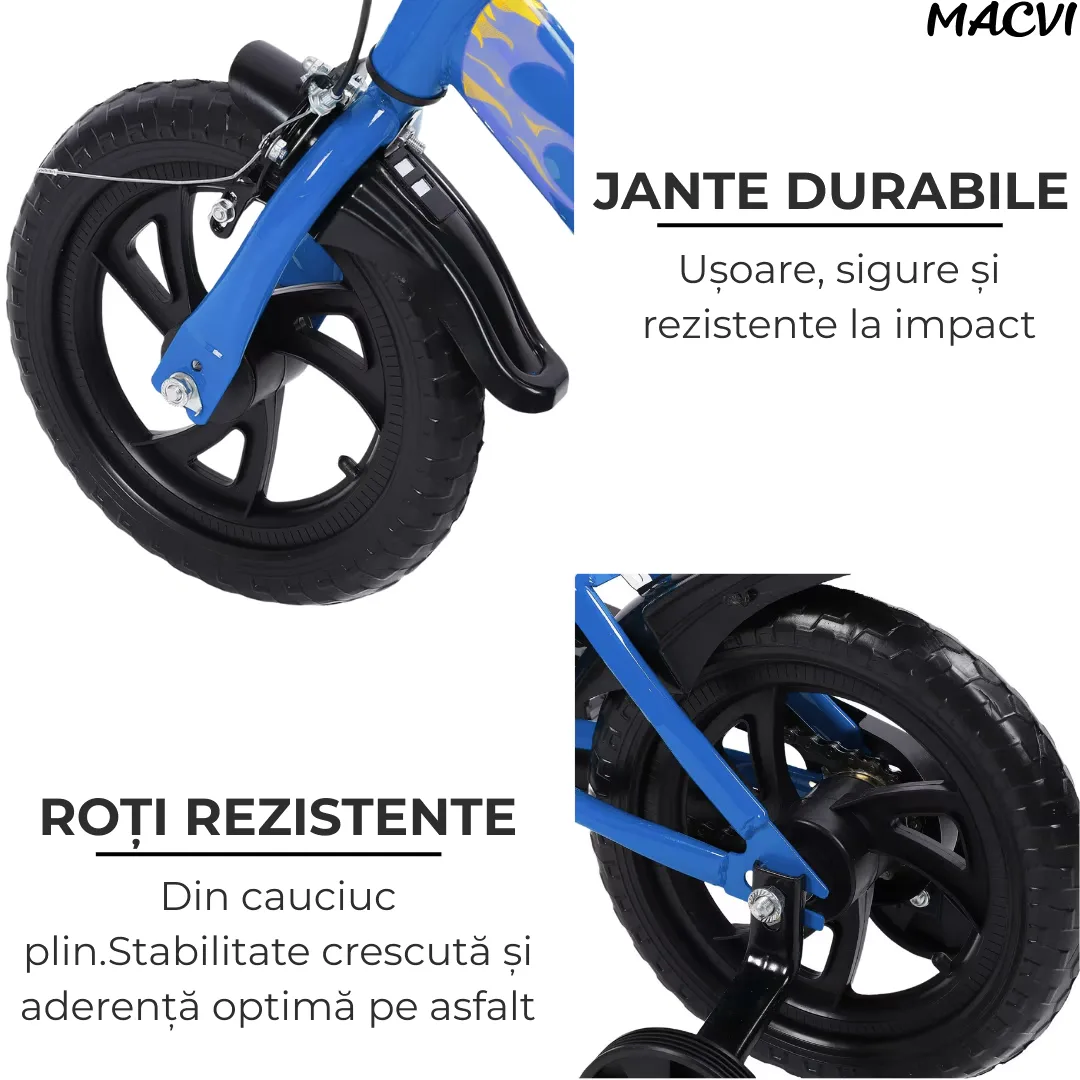 Bicicleta copii Macvi® 12 inch cu roti ajutatoare frana V-Brake, sezut reglabil, cadru din metal, albastru, 2-6 ani - imagine 5