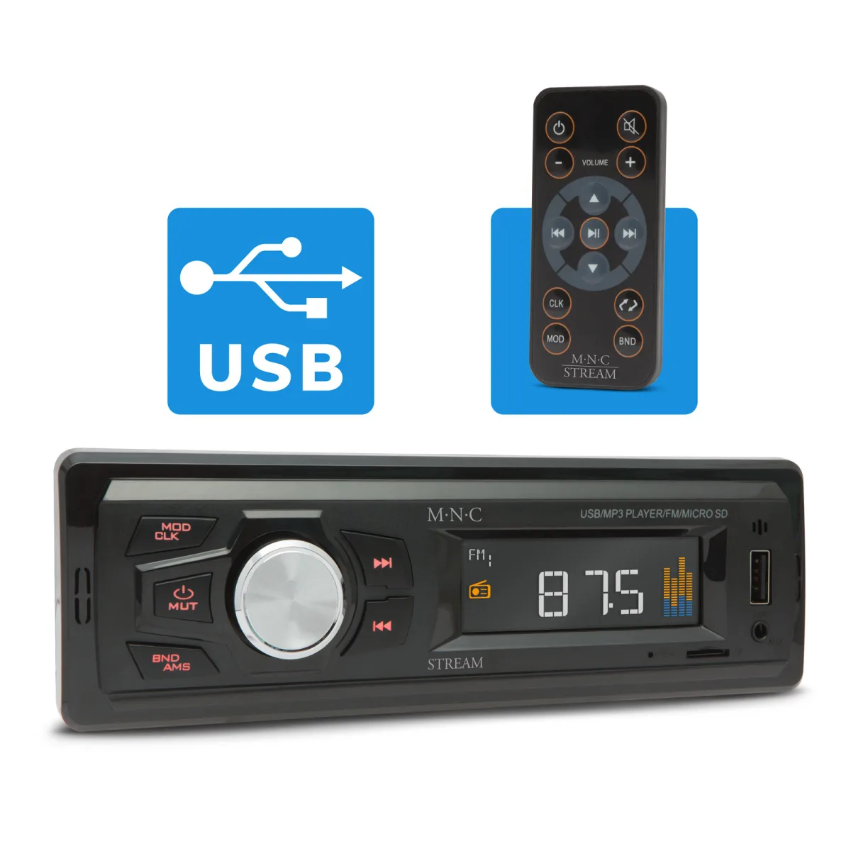 Player auto 1 DIN MNC Stream, USB AUX TF FM, telecomanda, 4x25W, ecran color