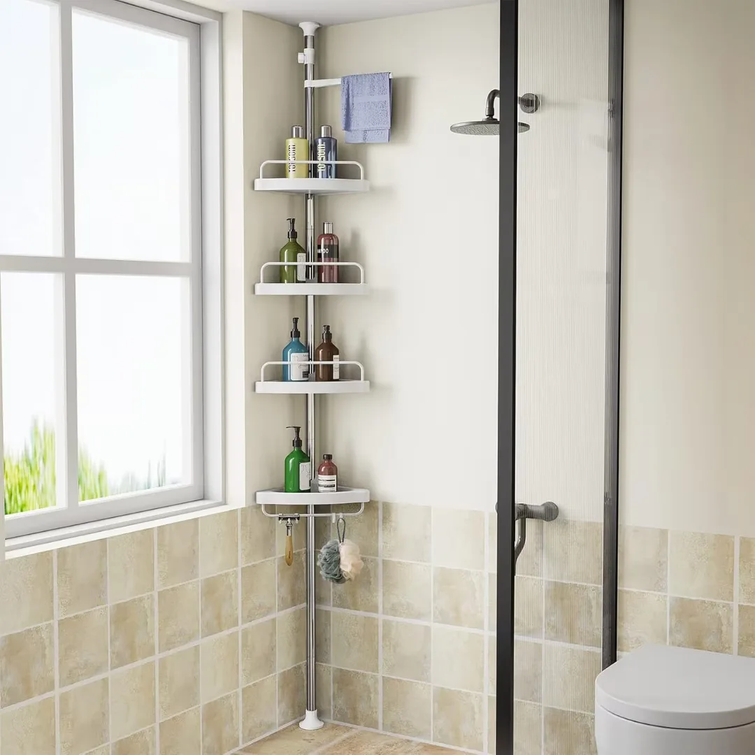 Etajera Extensibila Macvi® pentru Baie, 4 Polite si Umeras, Tip Coltar, 3 Carlige, 100-260 cm, Alb