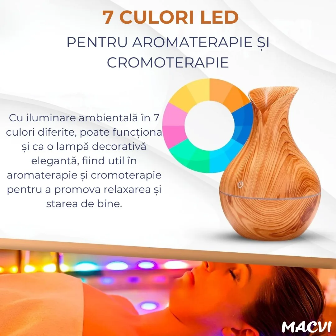 Difuzor Aromaterapie Macvi® cu Umidificator, ultrasunete, forma de vaza, buton touch, bej , LED 7 culori, 130 ml - imagine 2