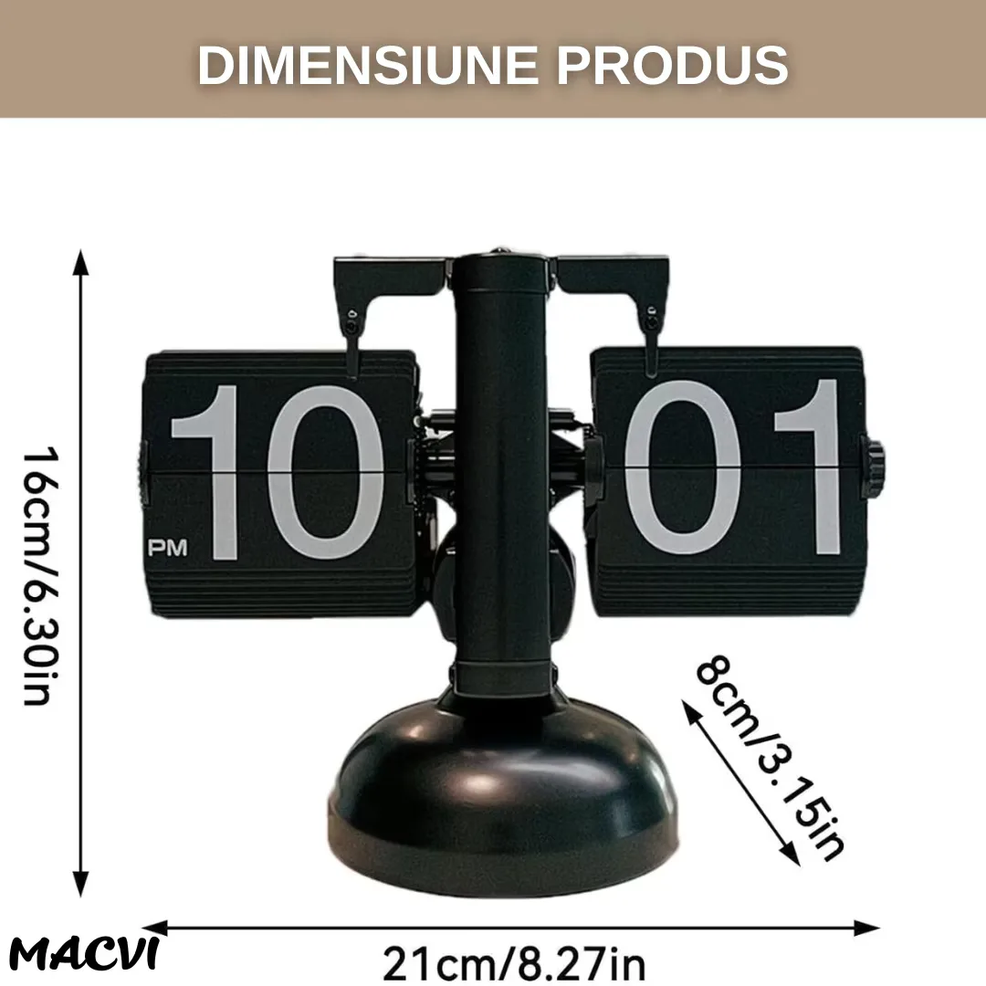 Ceas flip Macvi® retro, numere mari, din otel inoxidabil, alimentat cu baterii, decor pentru living, negru clasic, design vintage, suport de metal - imagine 2
