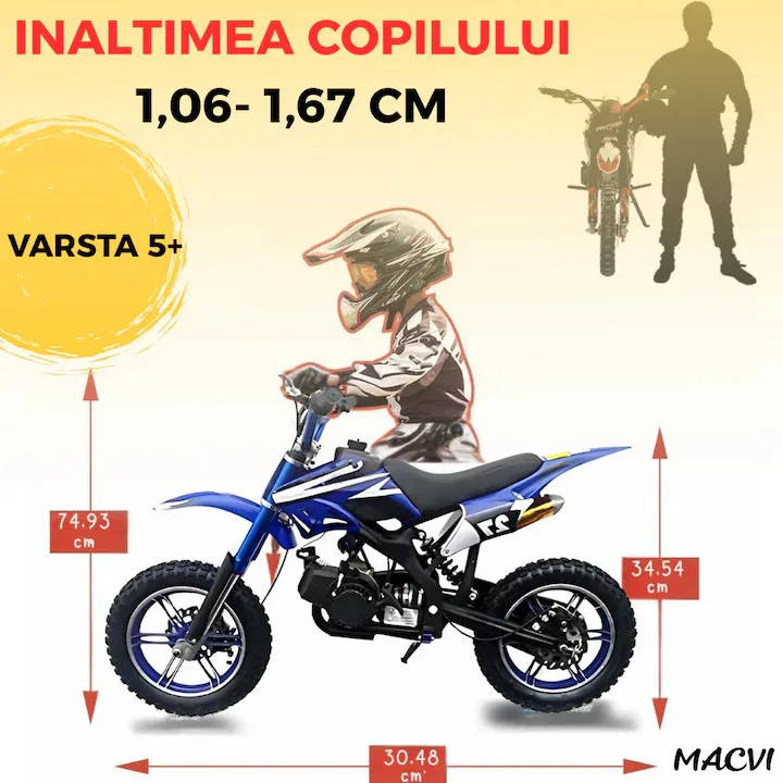 Motocicleta cross Macvi® pentru copii 49cc cu roti groase pornire usoara si motor pe benzina ideala pentru off road, Albastru - imagine 4