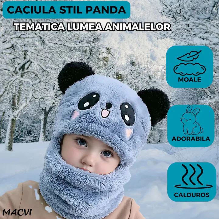 Caciula pentru copii tip cagula Macvi® 2 in 1, tematica lumea animalelor, model ursulet panda zambitor, 1-5 ani, albastru - imagine 3