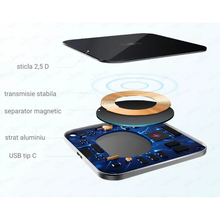 Incarcator wireless, Macvi, 15W, aluminiu, sticla 2.5D, negru, 10cm - imagine 3