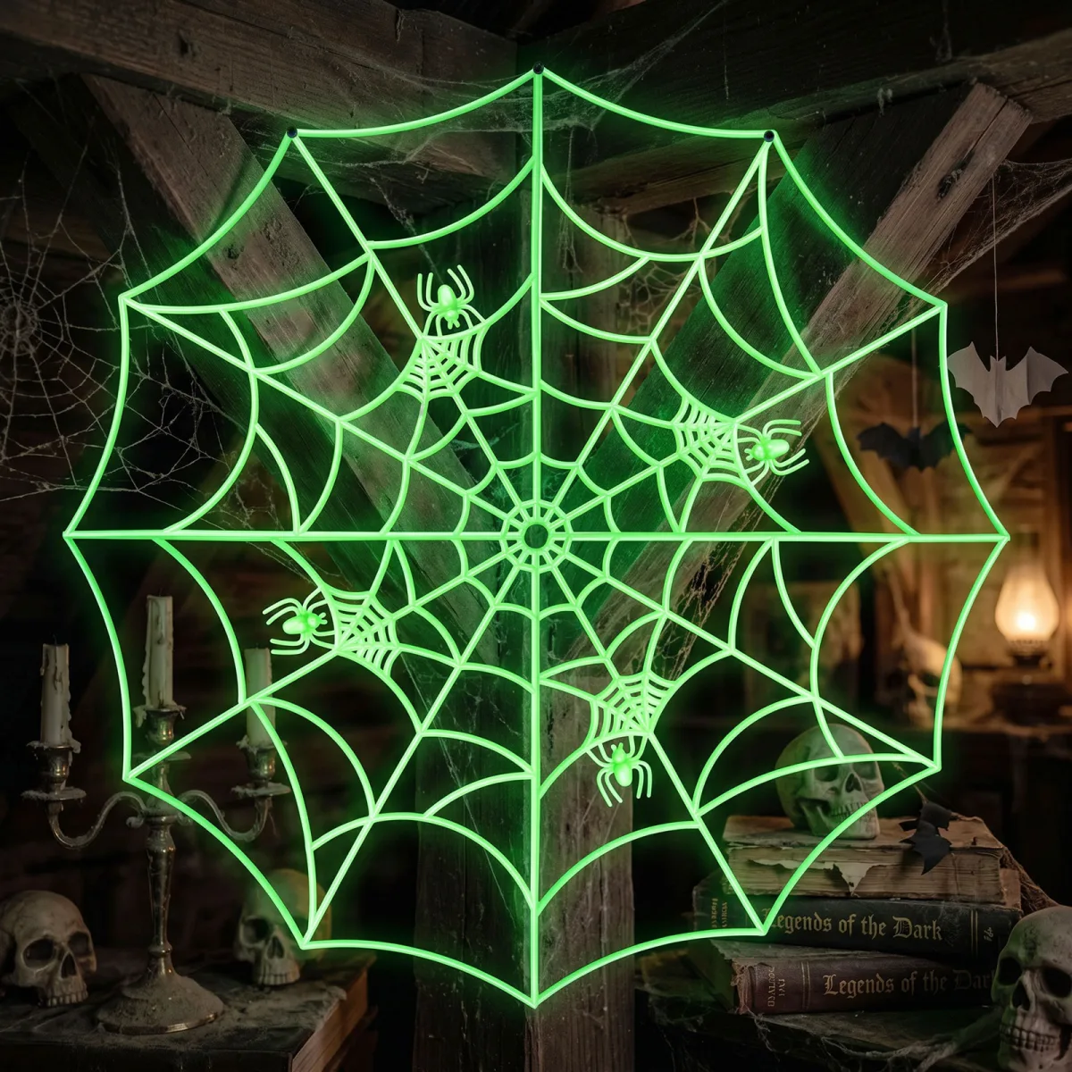 Set 4 panze de paianjen fosforescente Halloween, pentru colturi, 30 x 30 cm, verde