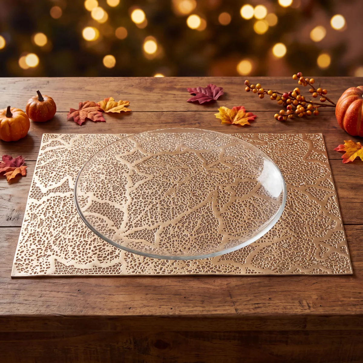Suport farfurie decorativ cu model frunze, PVC, 45 x 30 cm, auriu