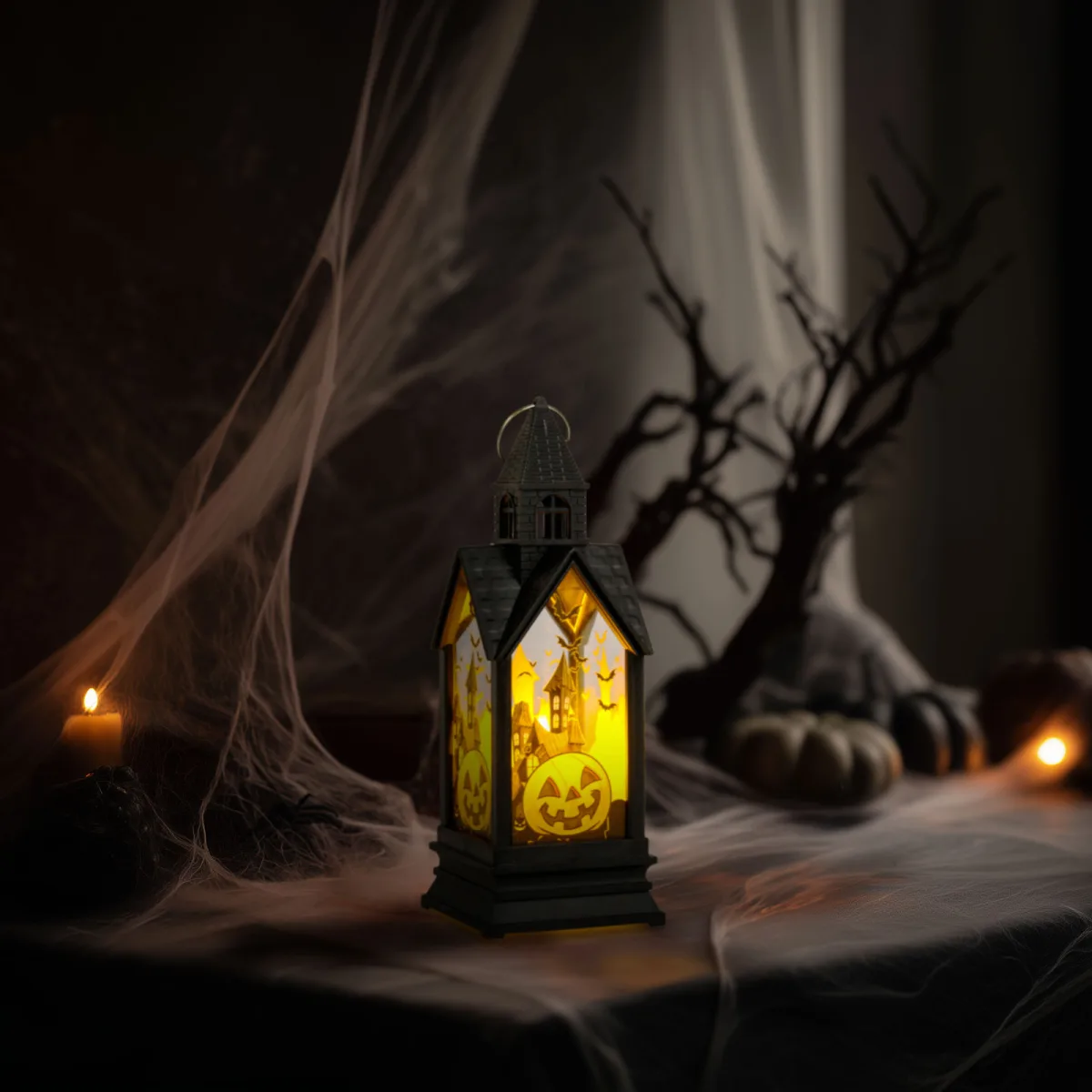 Decor Halloween iluminat, dovleac, LED galben, 17,5x6,3x6,3 cm, pe baterii, portabil