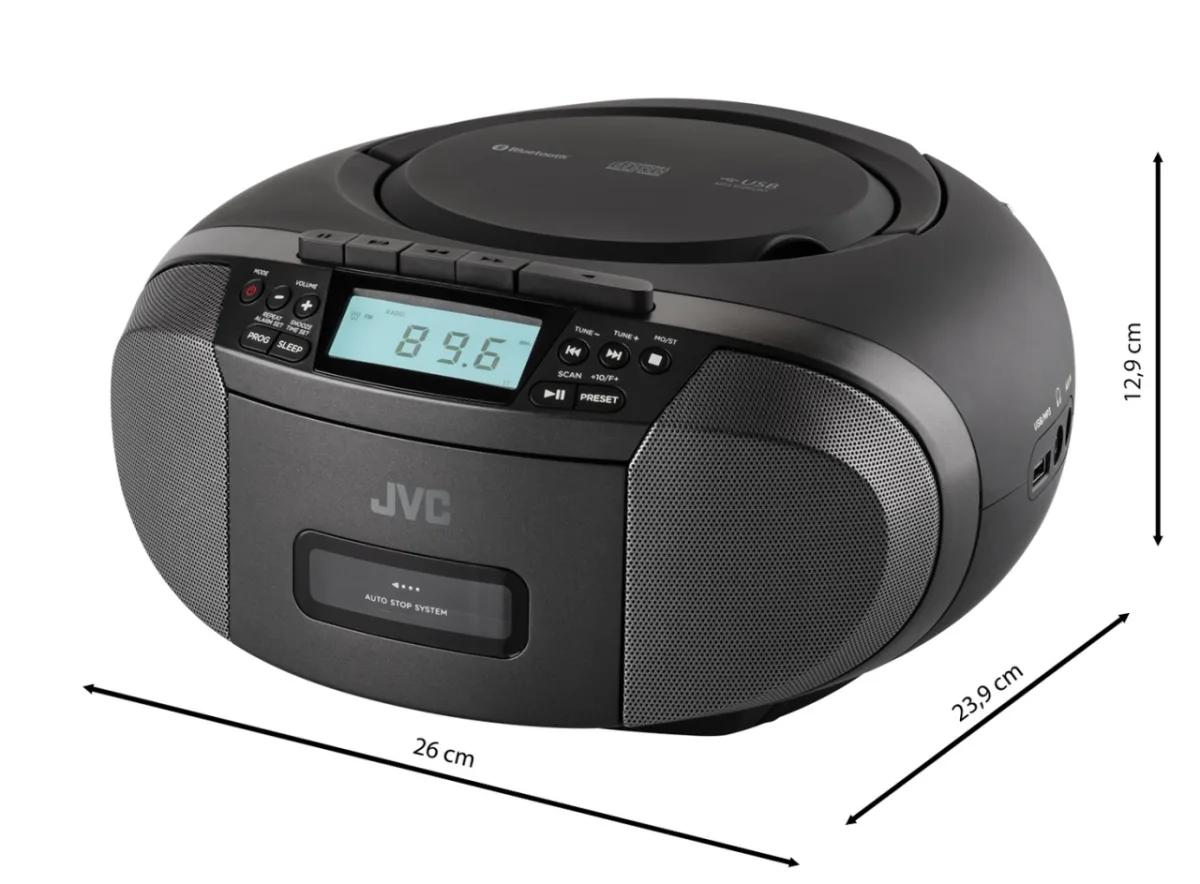 Radiocasetofon stereo cu CD JVC RC-E444B, 4W RMS, Bluetooth, USB, afisaj LCD, ceas, negru - imagine 2