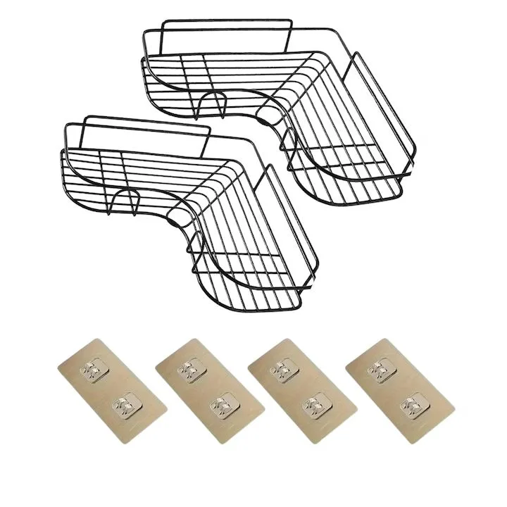Set 2 suporturi de dus triunghiulare Macvi®, montaj pe perete, organizator baie si bucatarie, instalare usoara, depozitare practica
