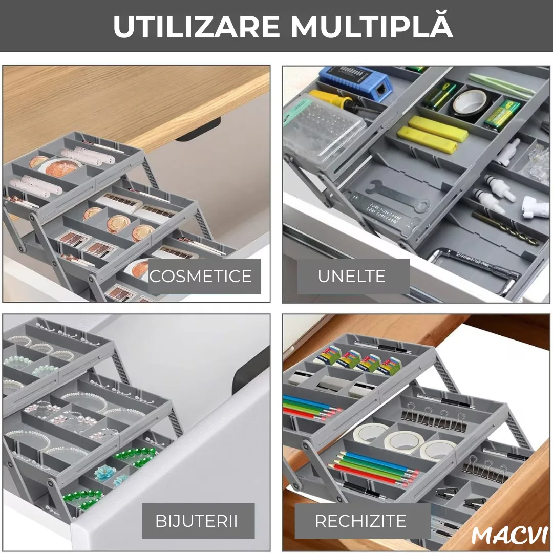 Macvi® Organizator Sertar Extensibil pe 3 nivele pentru Bijuterii si Cosmetice, 24, 13 x 19, 05 x 6, 99 cm, Negru, Sistem Reglabil cu Compartimente - imagine 3