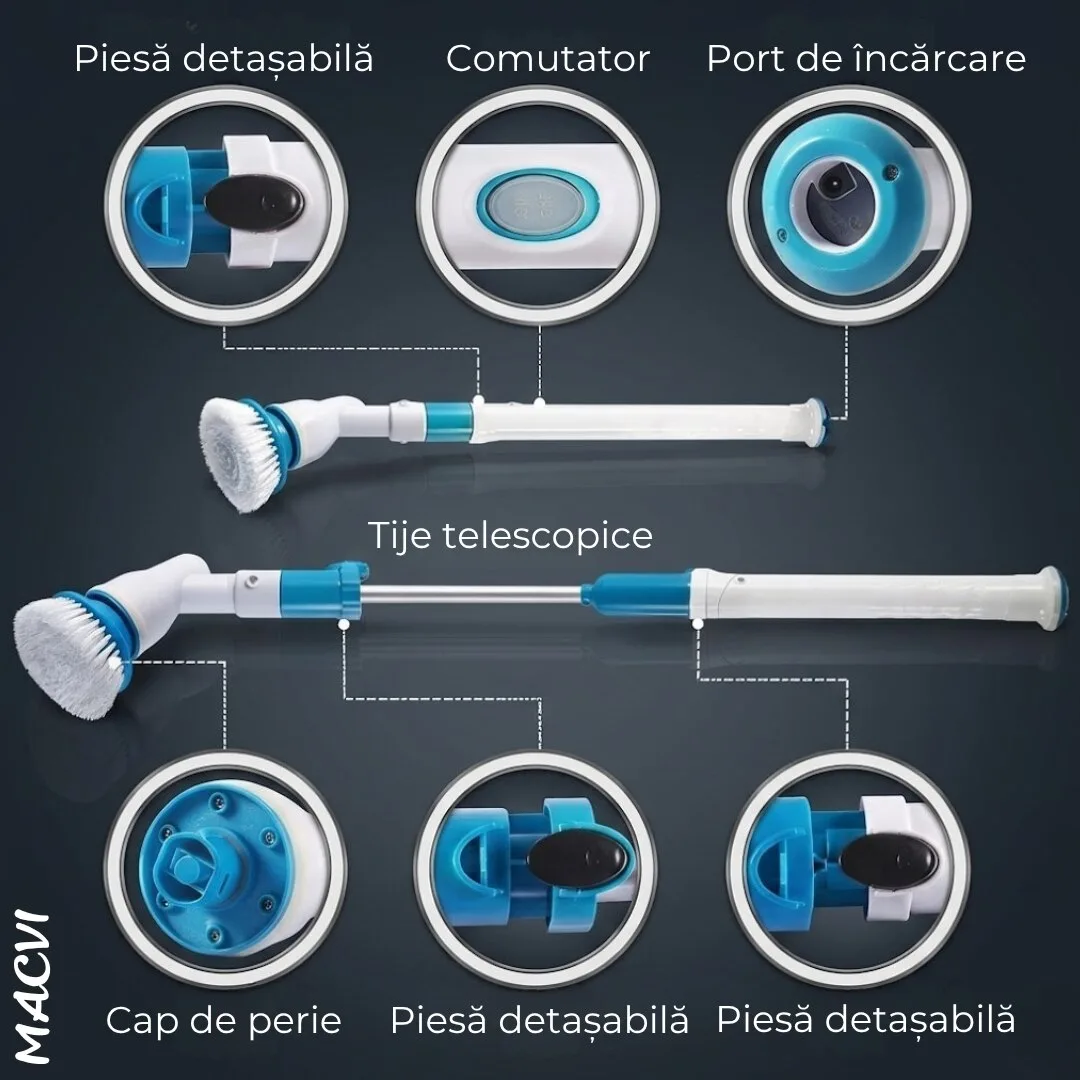 Perie Electrica de Curatare Macvi® cu 3 Capete Intersanjabile, 300 RPM, Acumulator Reincarcabil, Maner Telescopic - Ideala pentru Gresie, Faianta, Cada, Dus - imagine 3