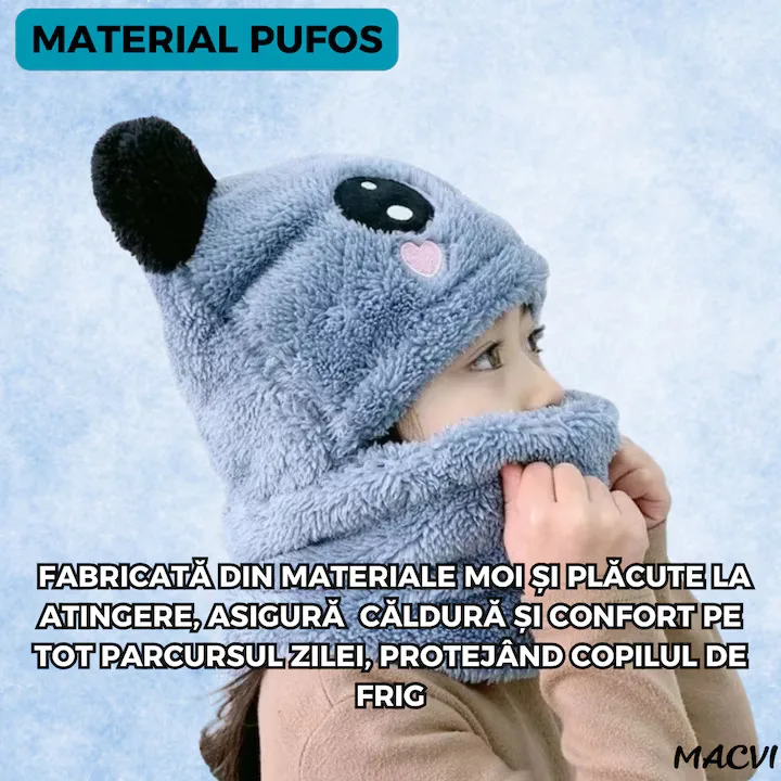 Caciula pentru copii tip cagula Macvi® 2 in 1, tematica lumea animalelor, model ursulet panda zambitor, 1-5 ani, albastru - imagine 4