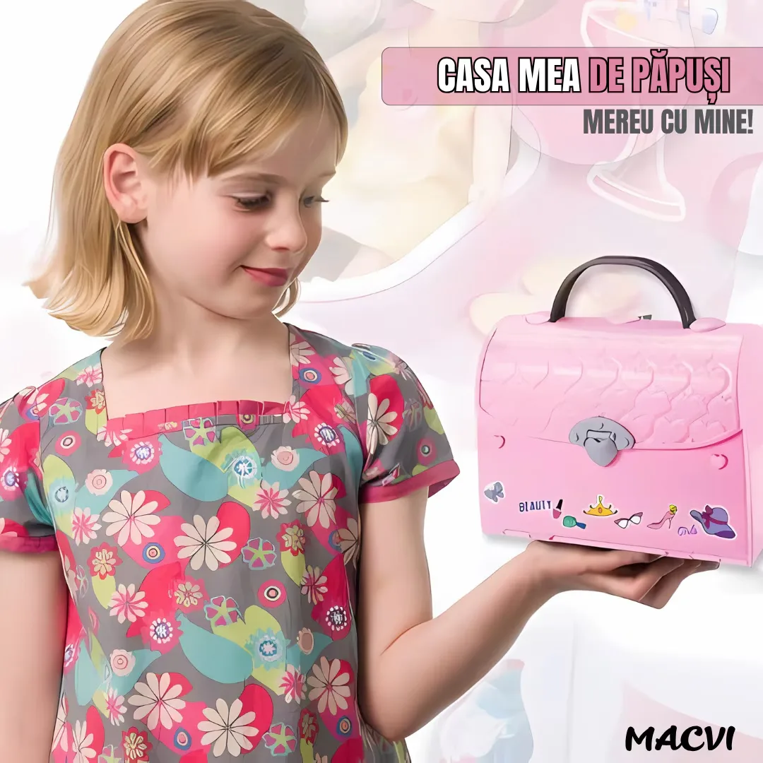 Casuta de papusi Macvi® transformabila tip gentuta portabila, cu accesorii diverse, compacta, usor de transportat, pentru joaca imaginativa si dezvoltarea abilitatilor copiilor - imagine 2