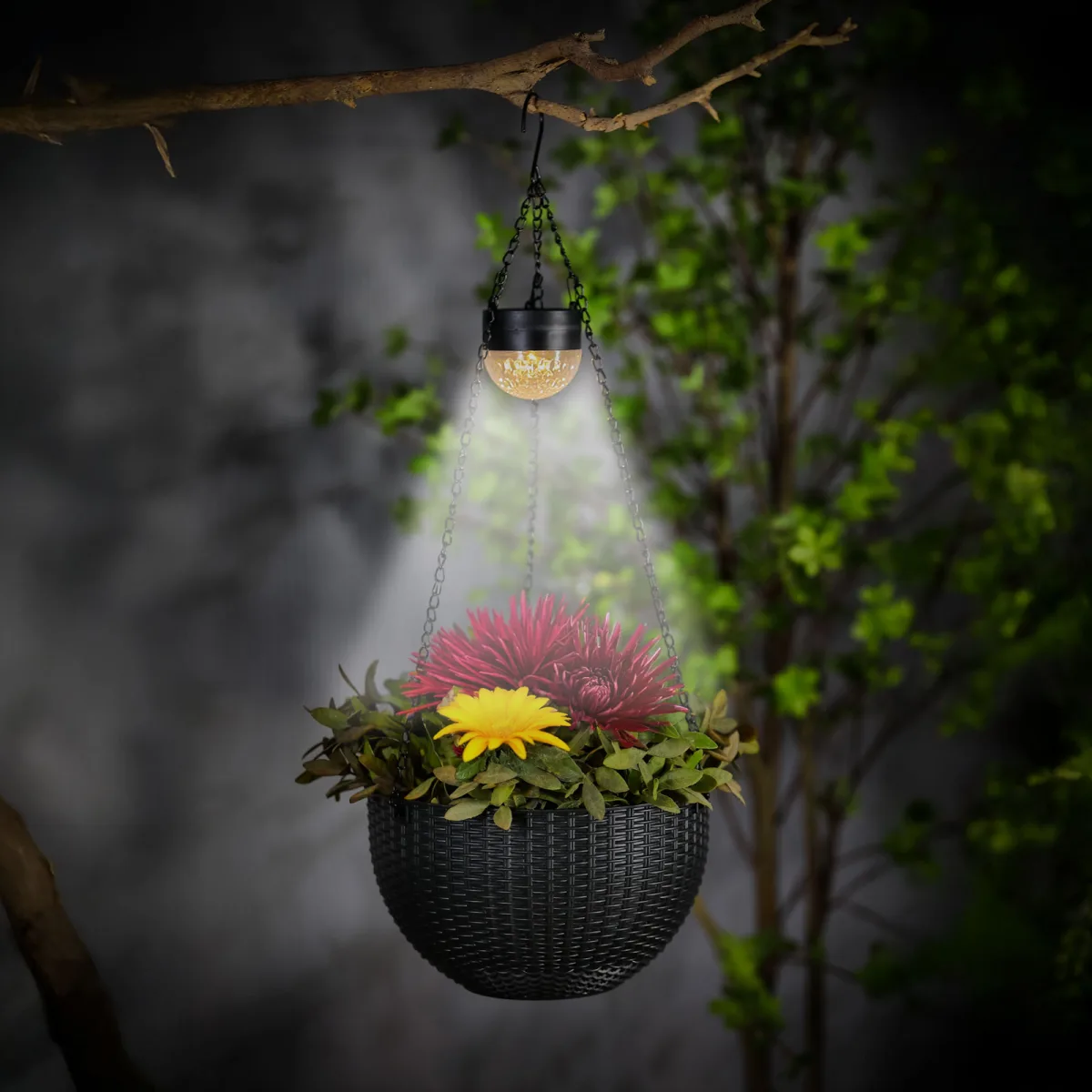 Lampa solara LED suspendata ghiveci flori, iluminat decorativ exterior, alb cald, IP44