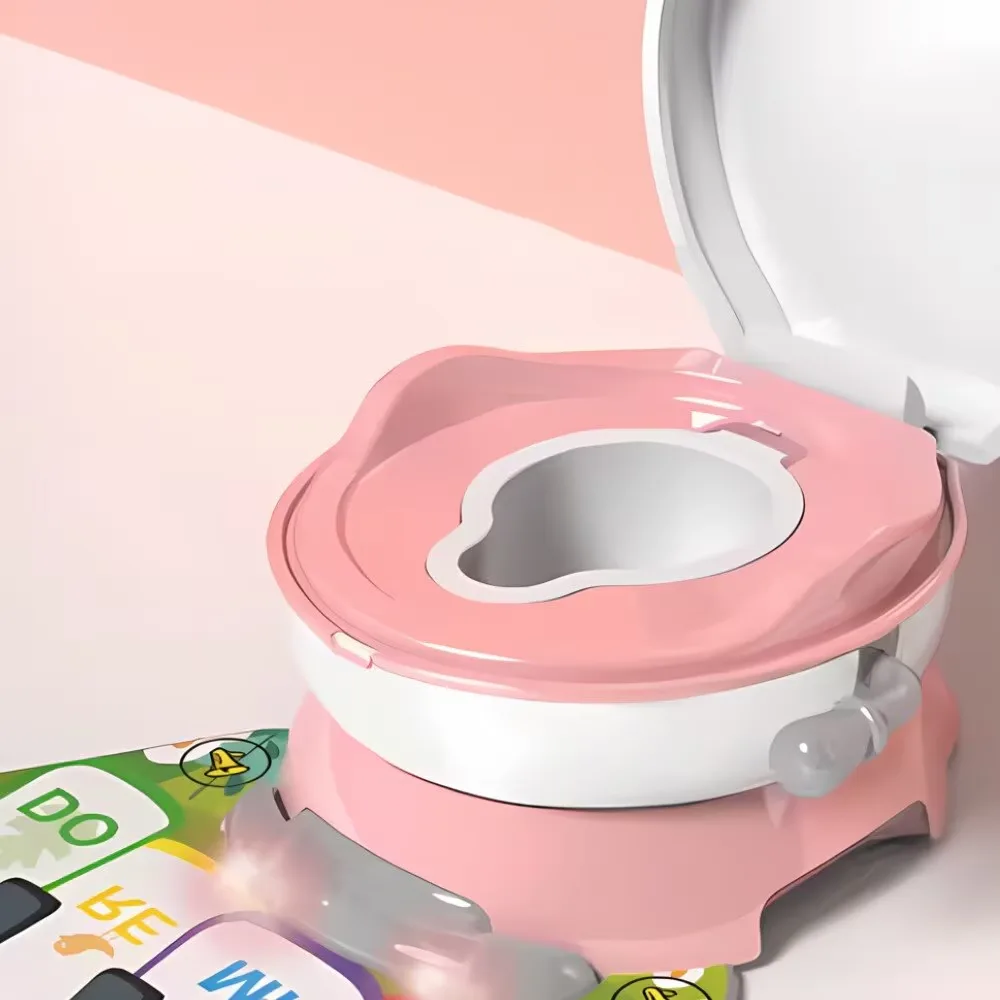 Olita copii cu covoras muzical Macvi® colac moale, margini rotunjite, anti-stropire, reductor si vas colector, roz pal - imagine 3