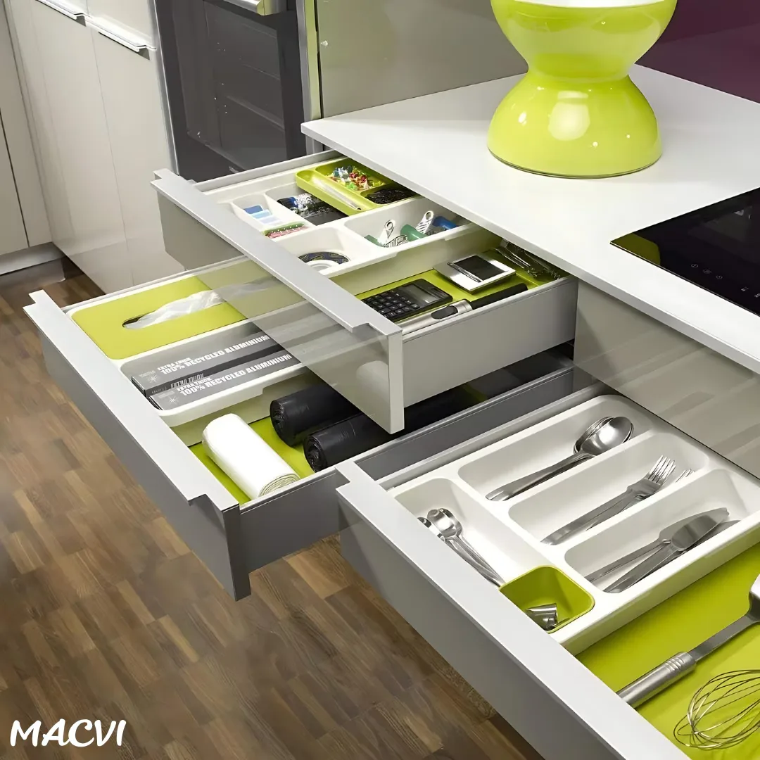 Suport modular extensibil Macvi® pentru tacamuri, 29-48 cm, ABS, alb-verde, organizator sertare - imagine 4
