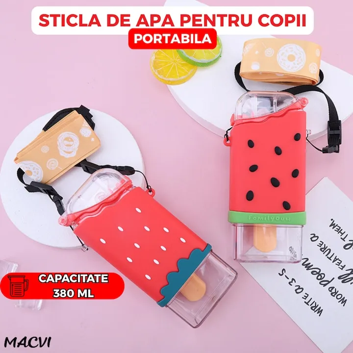 Sticla de Apa pentru Copii Macvi® Forma Inghetata Pepene, 300 ml, Fara BPA, Anti-Scurgere, Capac Etans, Pai Incorporat, Usor de Curatat, Rosu - imagine 5