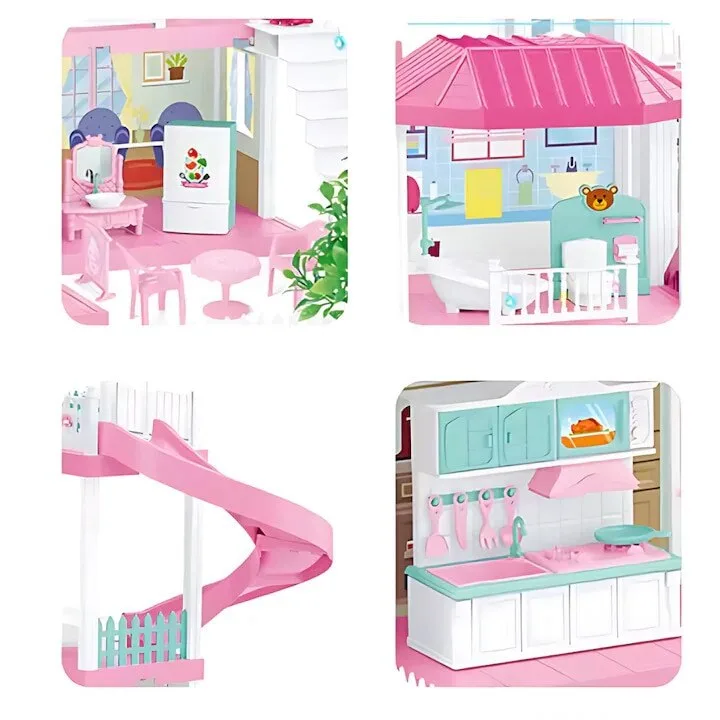 Casuta pentru Papusi Macvi® 4 Etaje 366 Piese cu Mobilier Topogan si Papusa Roz Alb - imagine 2