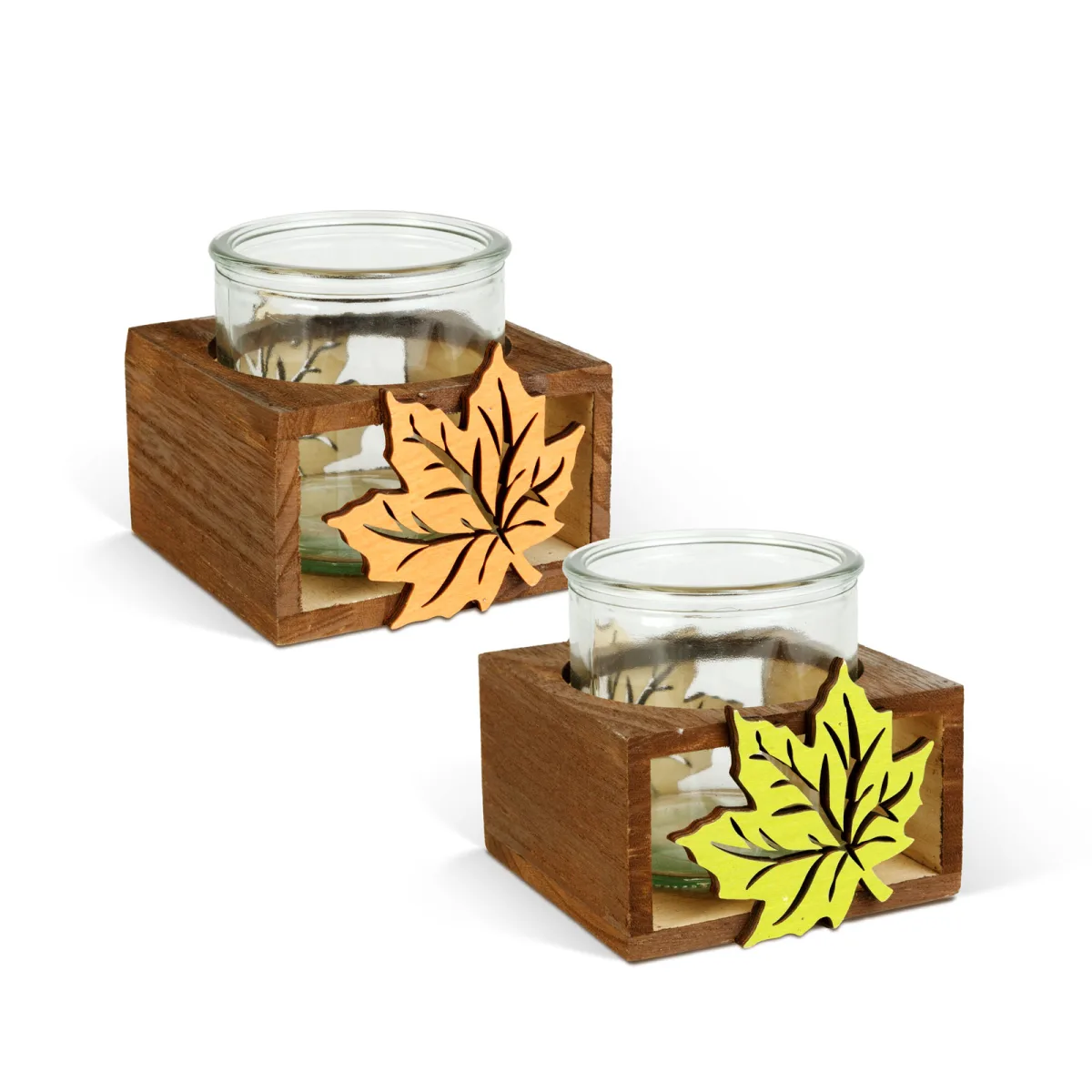 Suport lumanare decorativ de toamna, sticla si lemn, frunza de artar, 10,5 x 9,6 x 9 cm - imagine 2