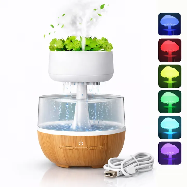 Umidificator decorativ cu efect de ploaie tip nor Macvi® cu LED 7 culori sunet ploaie si element vegetal artificial, 0.3L, Cablu USB