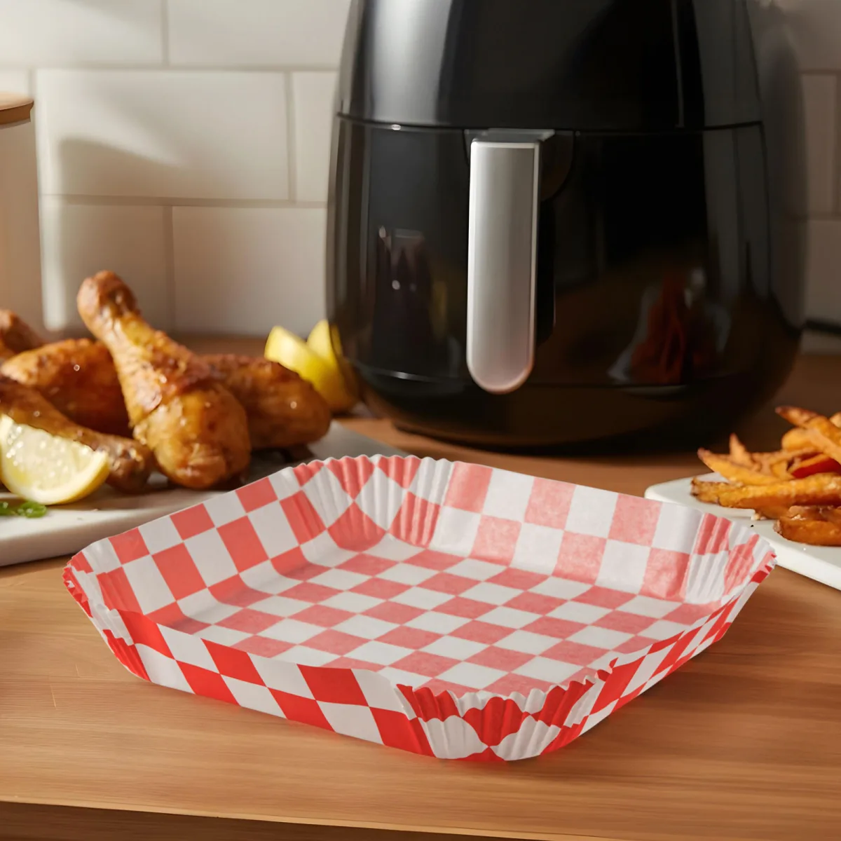 Hartie de copt air fryer patrata 23x23 cm, 50 buc, antiaderenta, rezistenta 220°C, model carouri