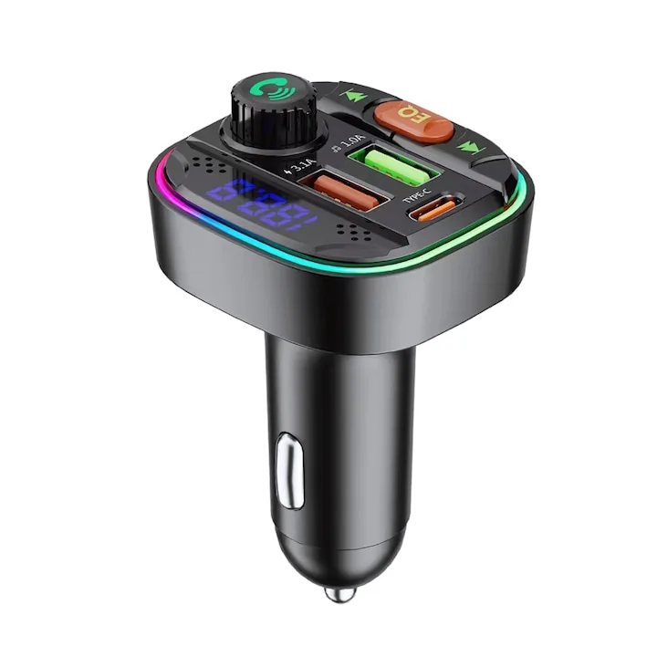 Modulator FM Bluetooth 5.0 Macvi® cu Incarcare Rapida QC 3.0 si PD 20W, 1x USB Tip C, 2x USB Tip A, Iluminare RGB, Negru