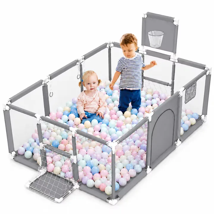 Tarc pentru copii Macvi® 100 bile incluse, gard de siguranta, 6 luni - 6 ani, 190x129x66 cm, usor de montat, otel inoxidabil, gri